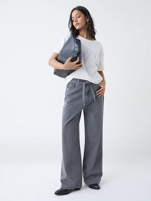LOV Grey Wide-Leg High-Rise Jeans with Belt 1