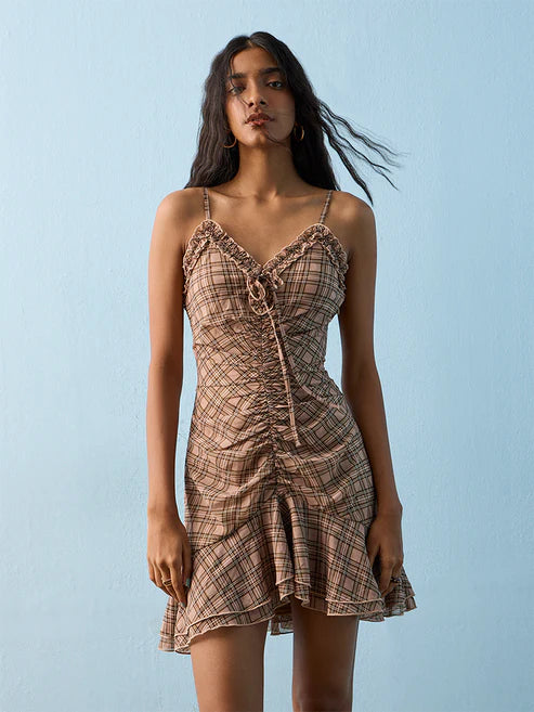 Nuon Beige Checkered Ruched A-Line Dress 1