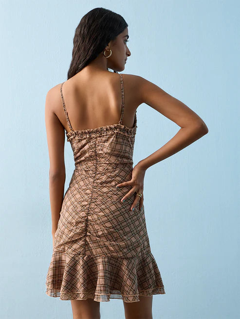 Nuon Beige Checkered Ruched A-Line Dress 4