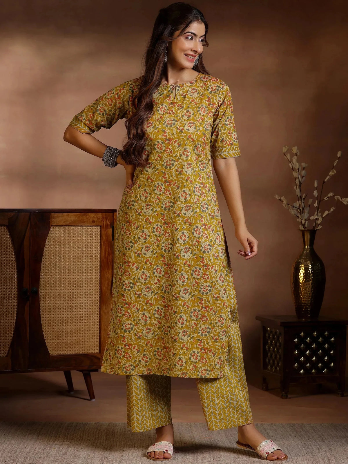Mustard Printed Cotton Straight Kurta Set 5