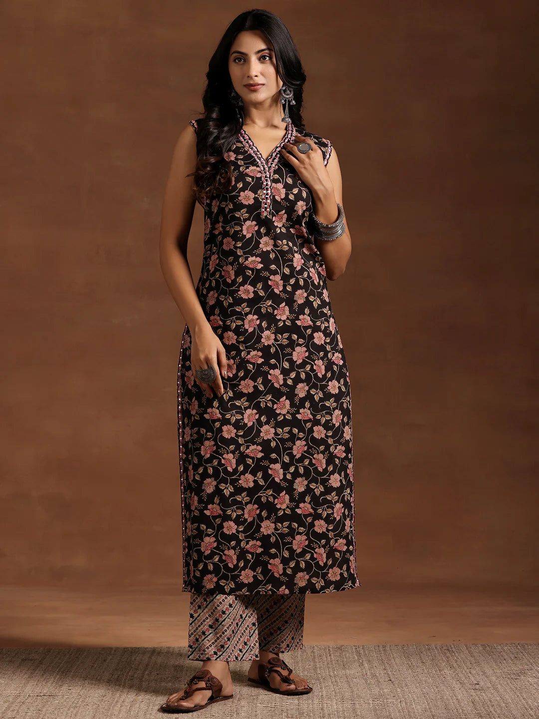 Black Printed Cotton Straight Kurta Set 3