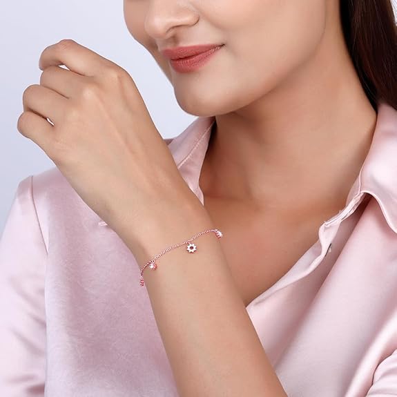 GIVA 925 Silver Anushka Sharma Rose Gold Flower Charm Bracelet, Adjustable | Gifts for Women and Girls | With Certificate of Authenticity and 925 Stamp | 4