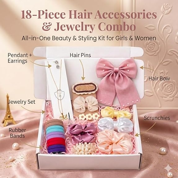 Hair Accessories Set & Jewelry Gift Set for Women & Girls | Satin Scrunchies, Pendant Chain with Earrings, Hair Rubber Bands, Hair Pins & Cute Hair Bow | Cute Aesthetic Gift Hamper with Box for Birthday & Valentine | Random Colors & Designs 2