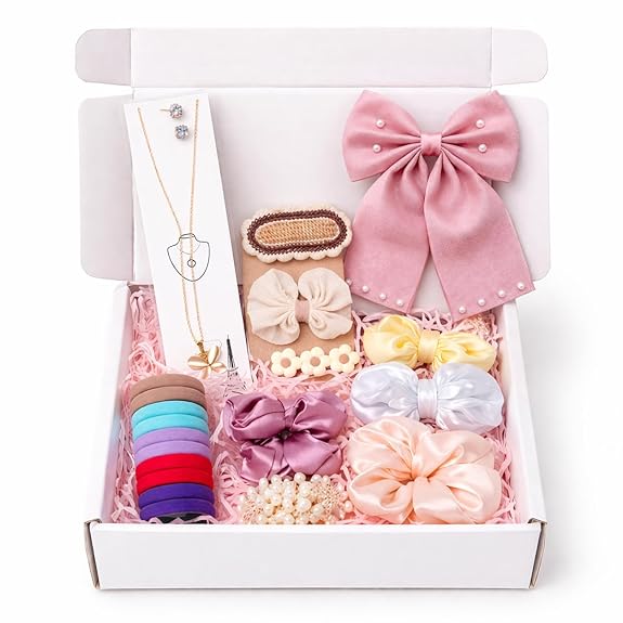Hair Accessories Set & Jewelry Gift Set for Women & Girls | Satin Scrunchies, Pendant Chain with Earrings, Hair Rubber Bands, Hair Pins & Cute Hair Bow | Cute Aesthetic Gift Hamper with Box for Birthday & Valentine | Random Colors & Designs 1