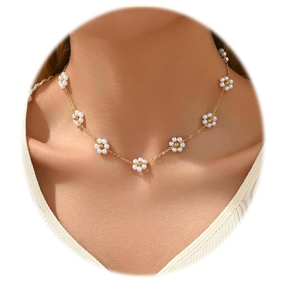 SANNIDHI® Pearl Necklace for Women Girls Flower Pendant Necklace with Gift Box Gold Plated Stainless Steel Chain Necklace Jewellery Valentine Birthday Gifts for Women, Girls, Sister, Girlfriend 1