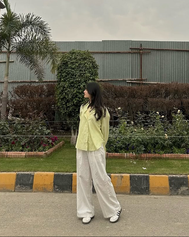 Lime Mist Pure Cotton Button-Down Shirt with Tailored White Wide-Leg Pants 6