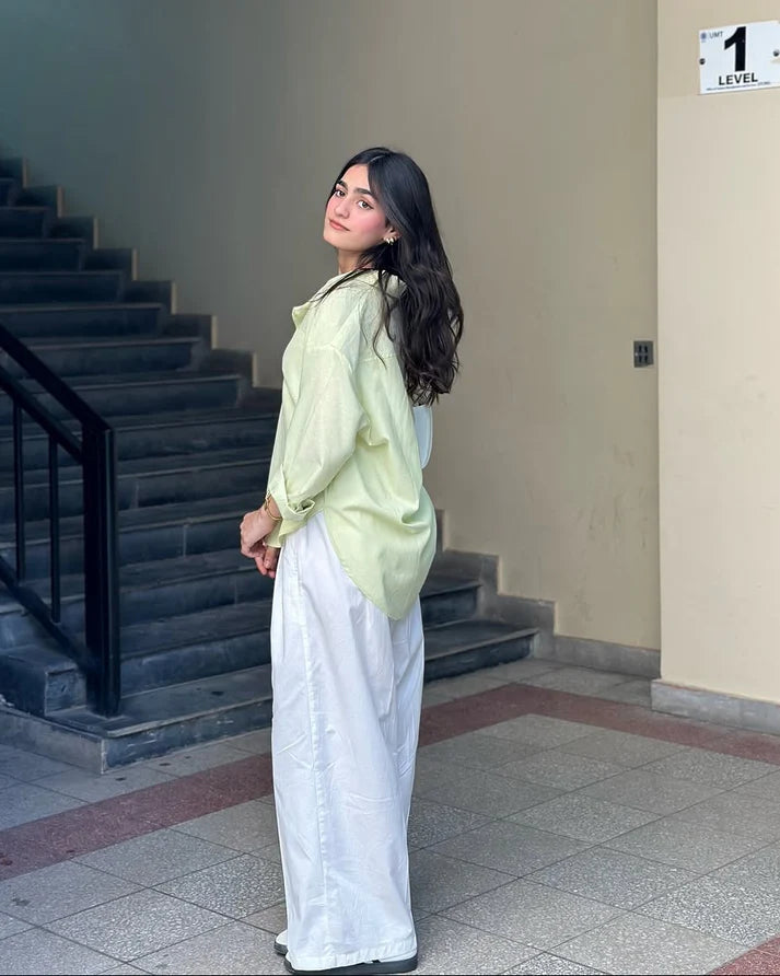 Lime Mist Pure Cotton Button-Down Shirt with Tailored White Wide-Leg Pants 2