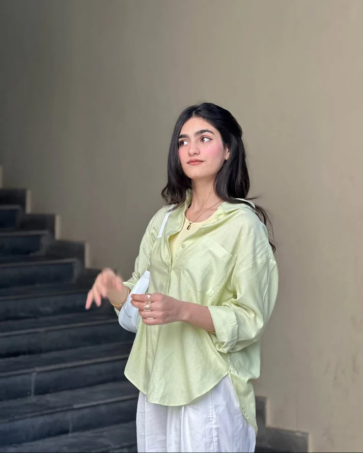 Lime Mist Pure Cotton Button-Down Shirt with Tailored White Wide-Leg Pants 4