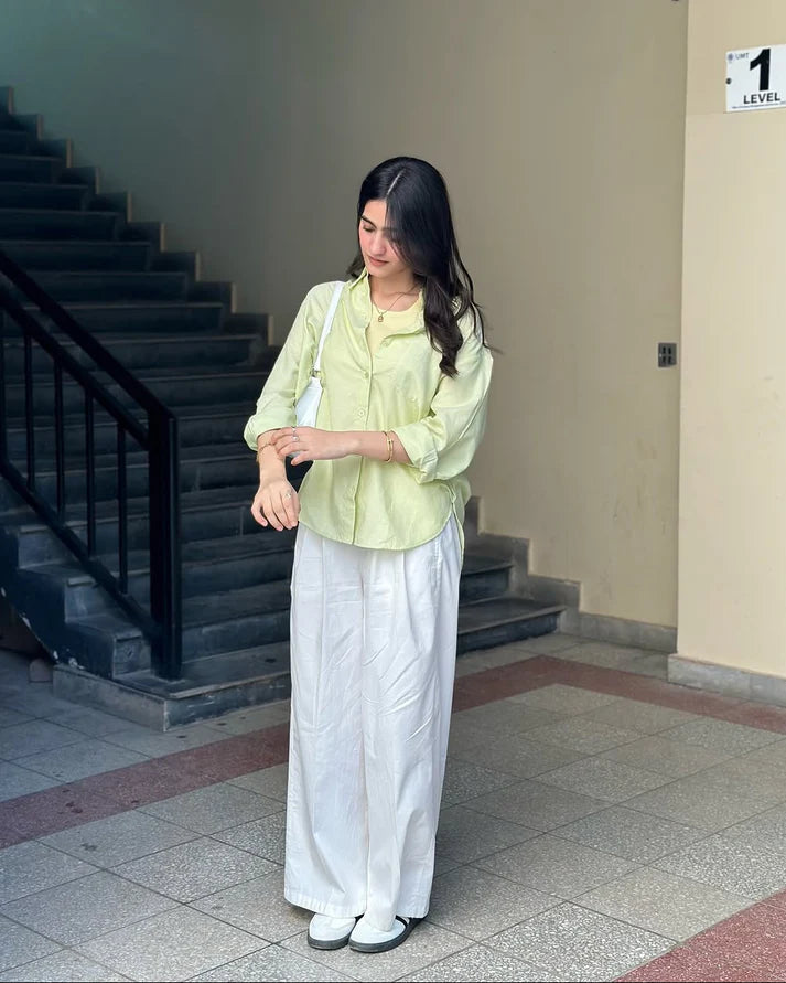 Lime Mist Pure Cotton Button-Down Shirt with Tailored White Wide-Leg Pants 3