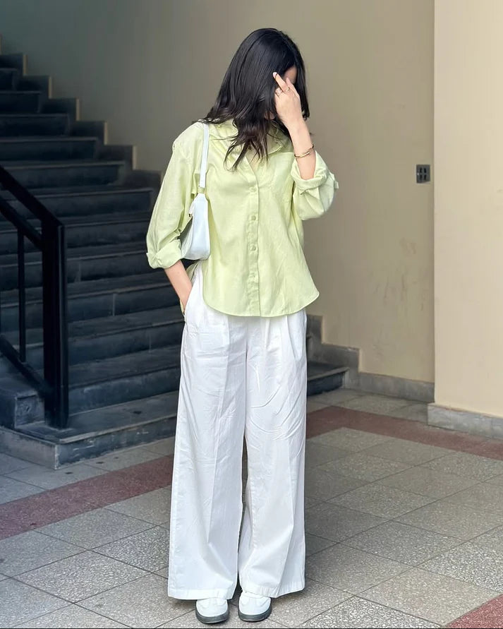Lime Mist Pure Cotton Button-Down Shirt with Tailored White Wide-Leg Pants 5