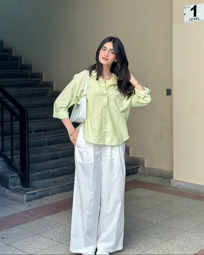 Lime Mist Pure Cotton Button-Down Shirt with Tailored White Wide-Leg Pants 1