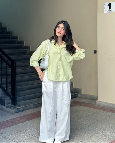 Lime Mist Pure Cotton Button-Down Shirt with Tailored White Wide-Leg Pants