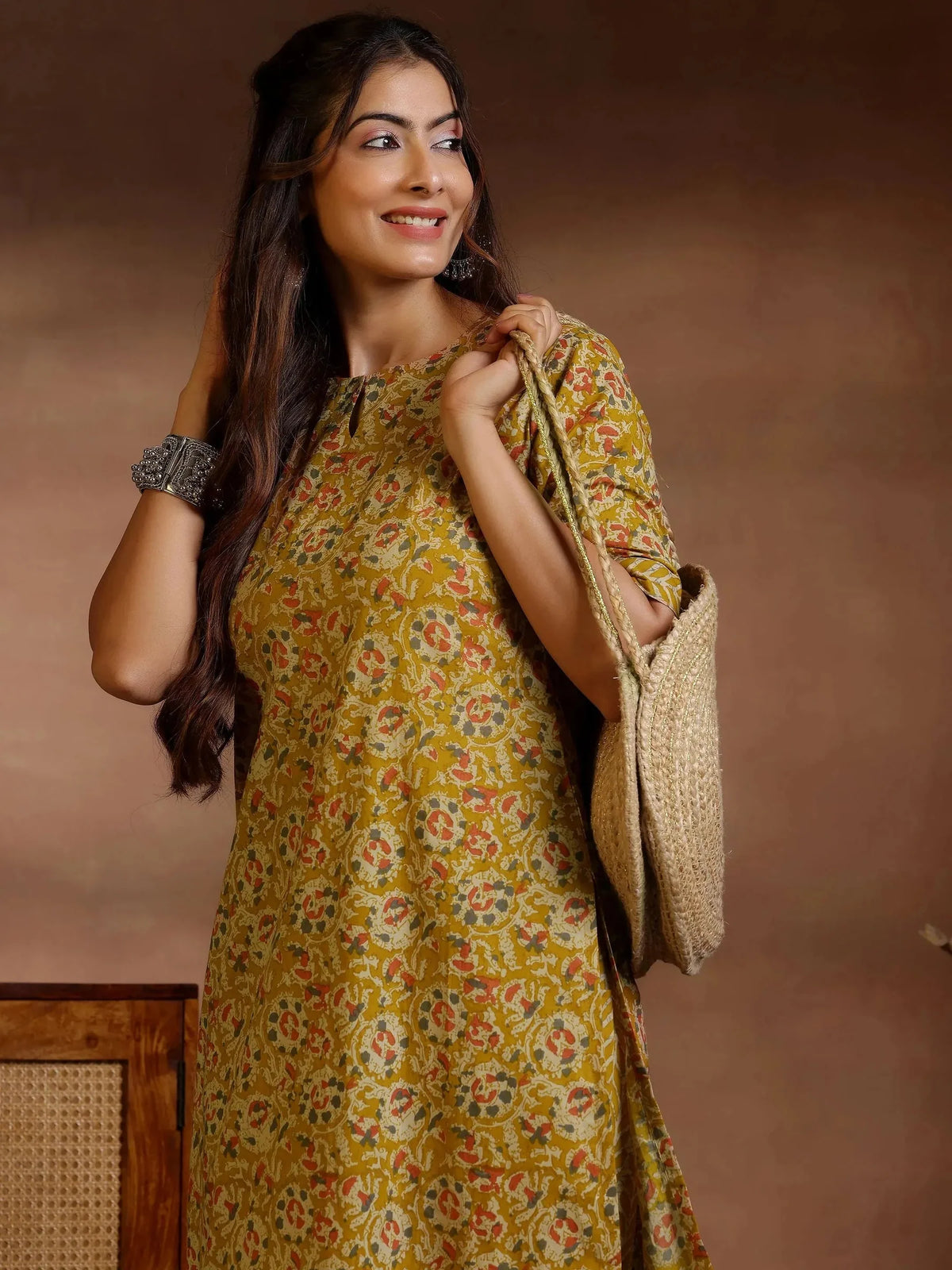 Mustard Printed Cotton Straight Kurta Set 4