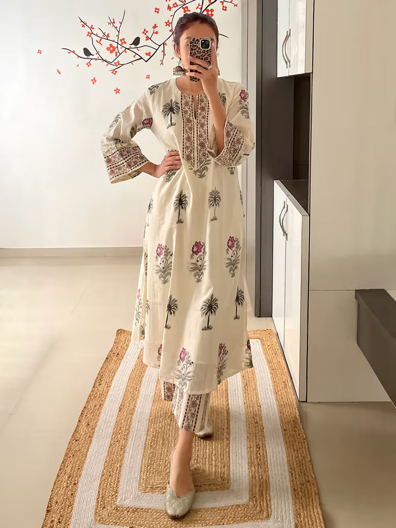 White Printed Cotton Kurta with Pants 1