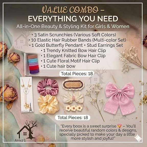 Hair Accessories Set & Jewelry Gift Set for Women & Girls | Satin Scrunchies, Pendant Chain with Earrings, Hair Rubber Bands, Hair Pins & Cute Hair Bow | Cute Aesthetic Gift Hamper with Box for Birthday & Valentine | Random Colors & Designs 4