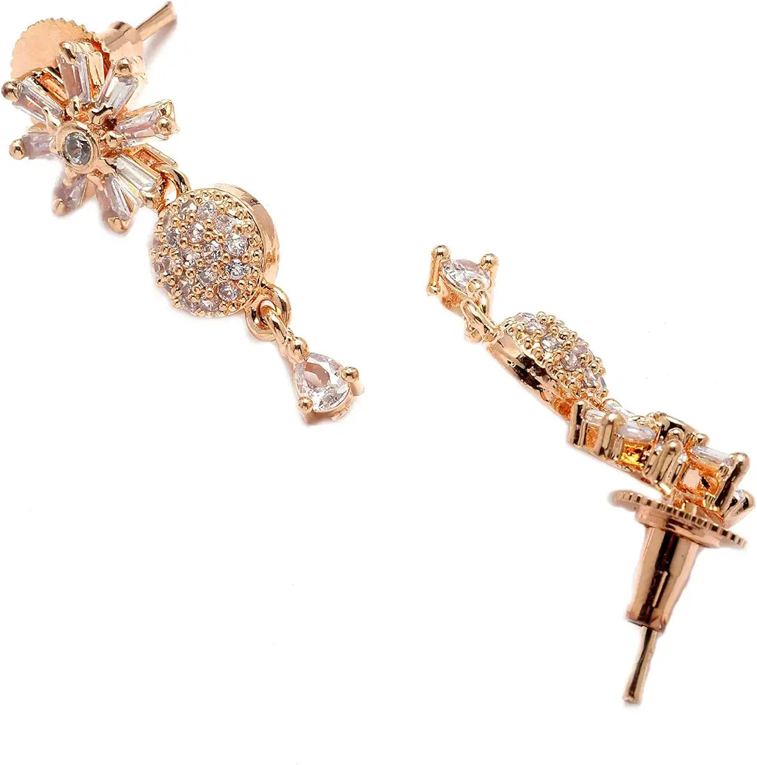 Zeneme Rose gold-plated white American diamond floral necklace set with matching earrings 4