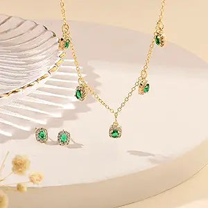 SALTY Anti Tarnish Gold Plated Emerald Jewellery Set for Women | Necklace & Earrings Gift Box | 3