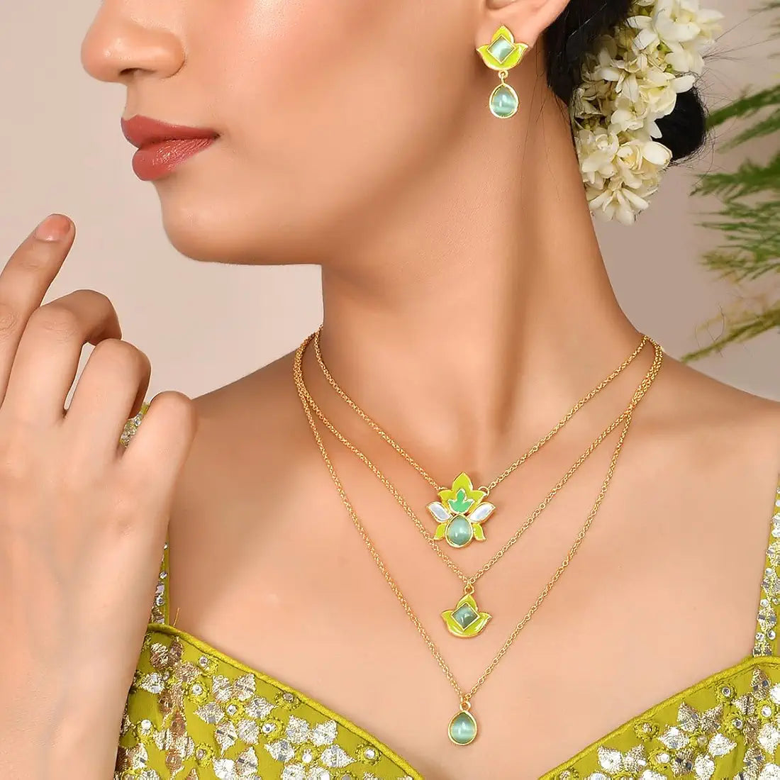 Enchanting Green Layered Necklace Set 3