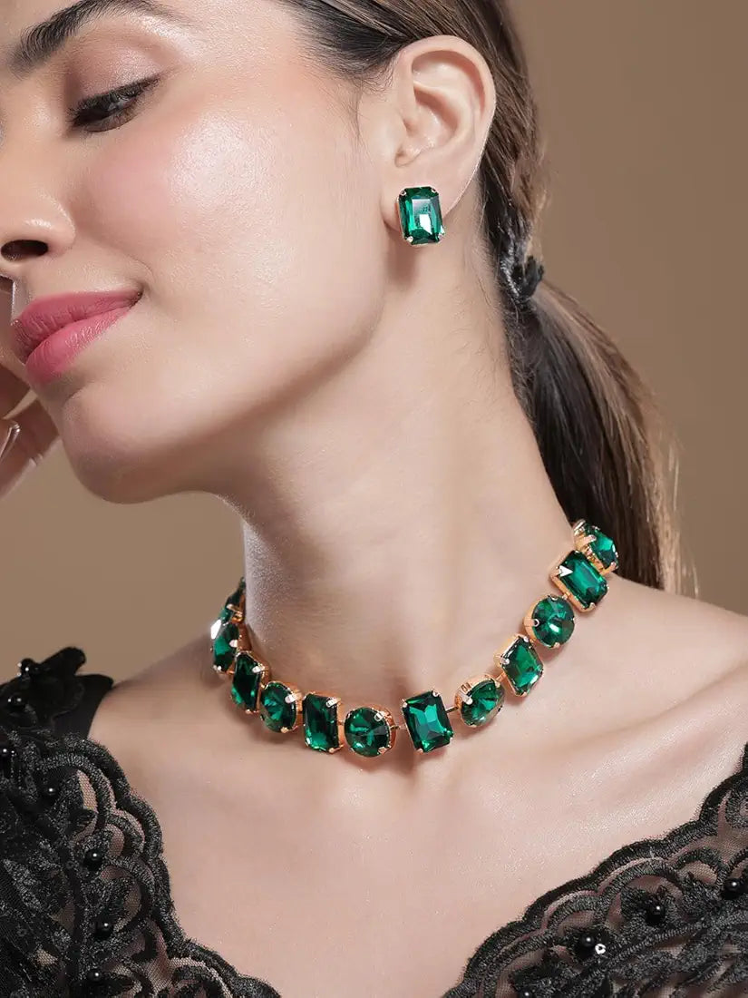 18K gold-plated necklace set with emerald crystals 3