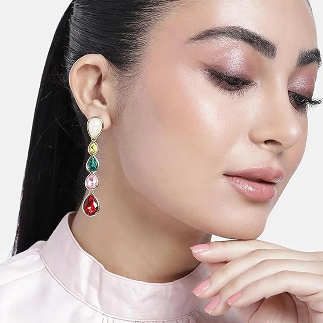 Estele 24 Kt Multicolour Gemstone Crystal Drop Earrings 3