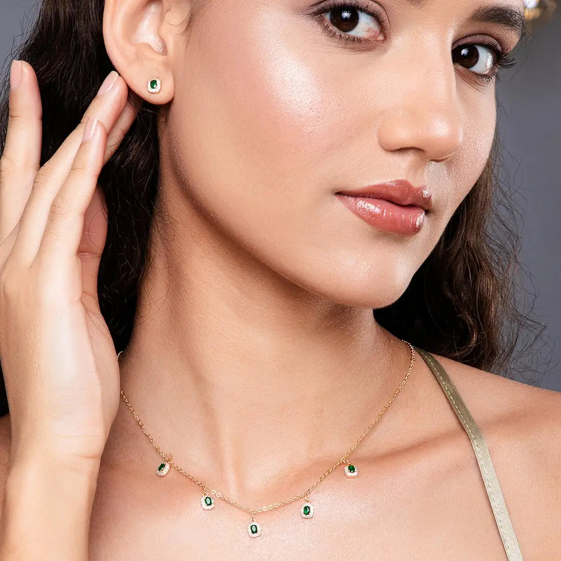 SALTY Anti Tarnish Gold Plated Emerald Jewellery Set for Women | Necklace & Earrings Gift Box | 2