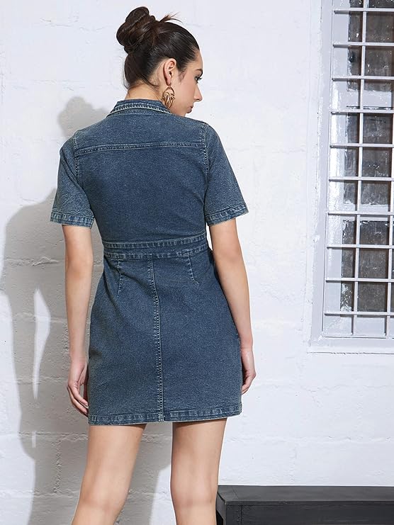 Sassafras Women’s Mini Short Sleeves Blast Denim Front Button – Casual Streetwear Denim Dress 3
