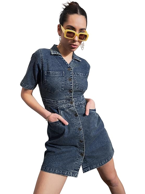Sassafras Women’s Mini Short Sleeves Blast Denim Front Button – Casual Streetwear Denim Dress 1