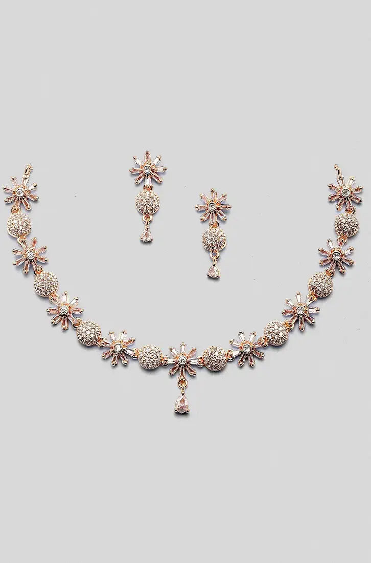 Zeneme Rose gold-plated white American diamond floral necklace set with matching earrings 1