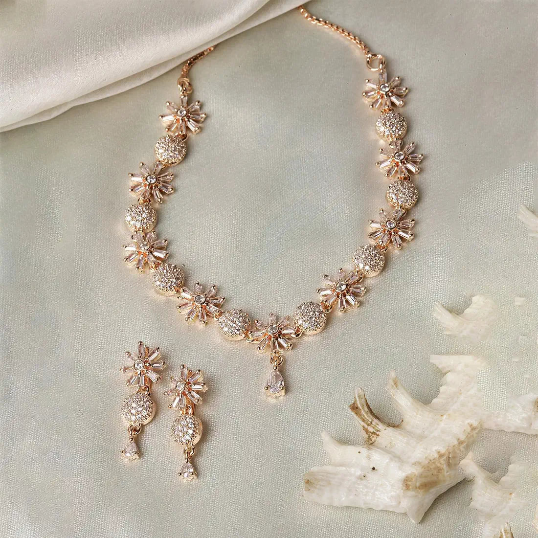 Zeneme Rose gold-plated white American diamond floral necklace set with matching earrings 2
