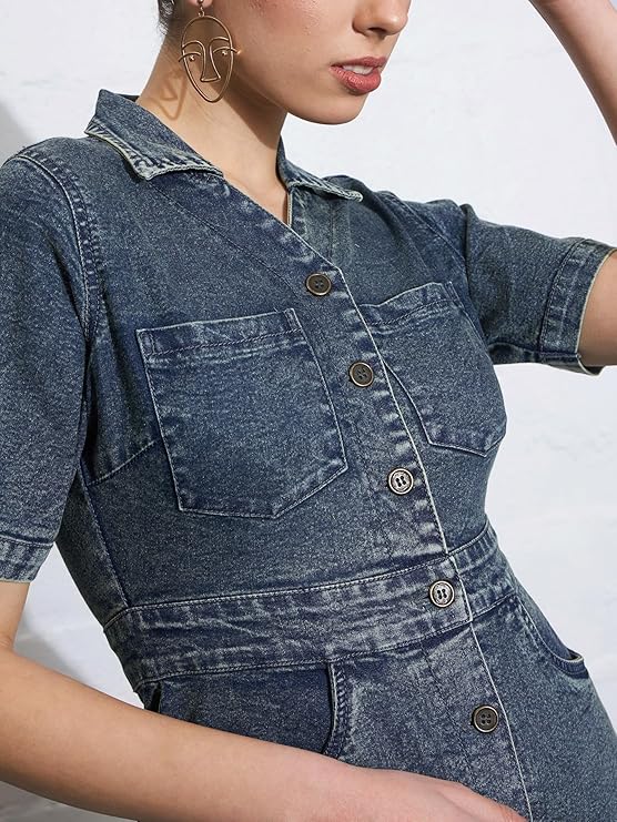 Sassafras Women’s Mini Short Sleeves Blast Denim Front Button – Casual Streetwear Denim Dress 4