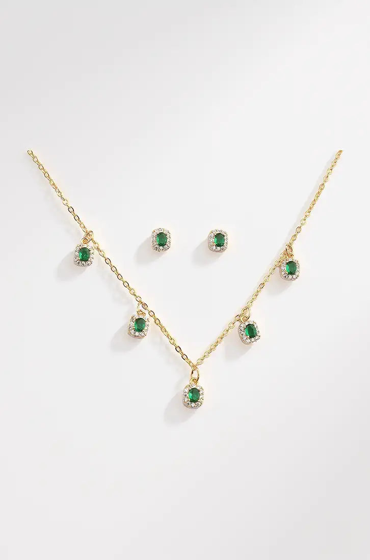 SALTY Anti Tarnish Gold Plated Emerald Jewellery Set for Women | Necklace & Earrings Gift Box | 1