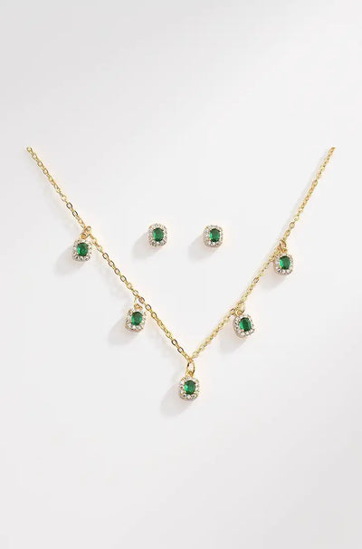 SALTY Anti Tarnish Gold Plated Emerald Jewellery Set for Women | Necklace & Earrings Gift Box |