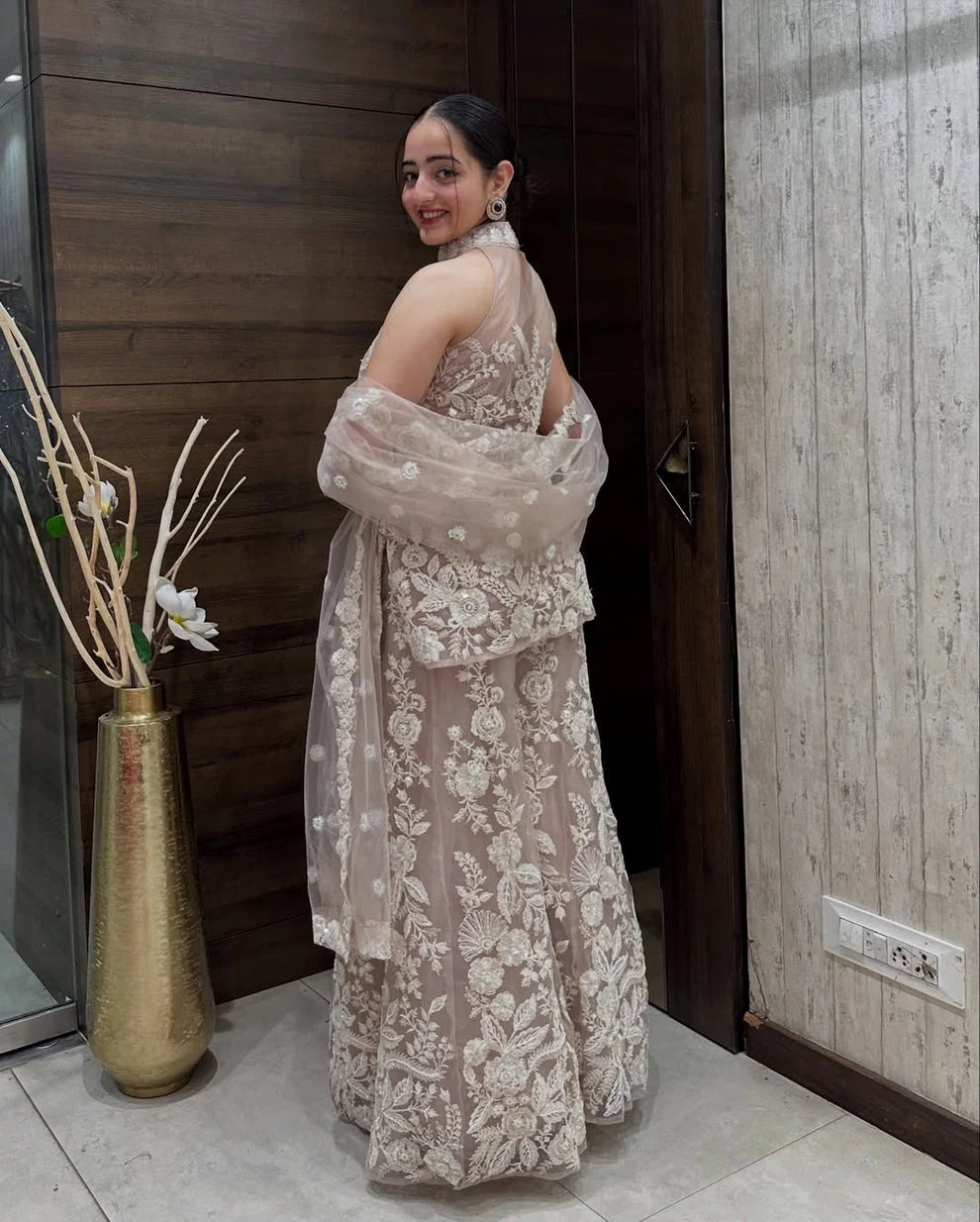 Party Wear Halter Neck Kurta And Plazzo Set Dupatta In Butterfly Net With Sequence Embroidery Work 2