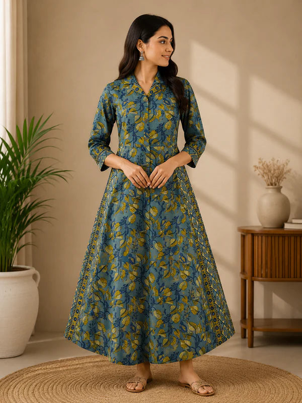 Mireya Blue Leaf Elegance A line Cotton Dress 1