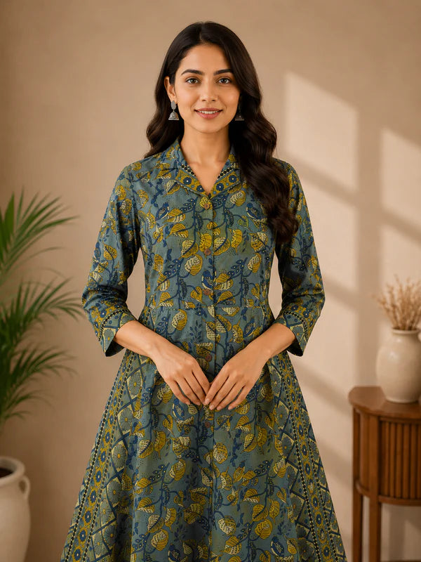 Mireya Blue Leaf Elegance A line Cotton Dress 2