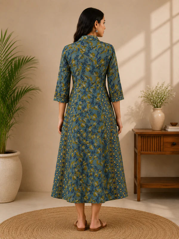 Mireya Blue Leaf Elegance A line Cotton Dress 3