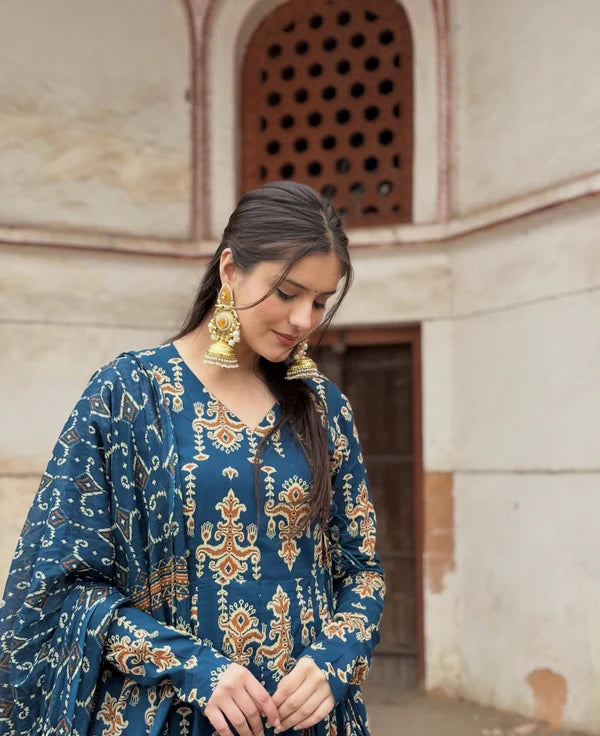 Noor-E-Neel Traditional Print Anarkali Suit Set with Mul Cotton Dupatta 3