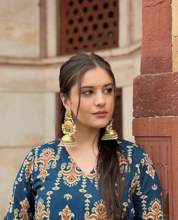 Noor-E-Neel Traditional Print Anarkali Suit Set with Mul Cotton Dupatta 2
