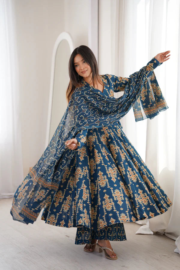 Noor-E-Neel Traditional Print Anarkali Suit Set with Mul Cotton Dupatta 1