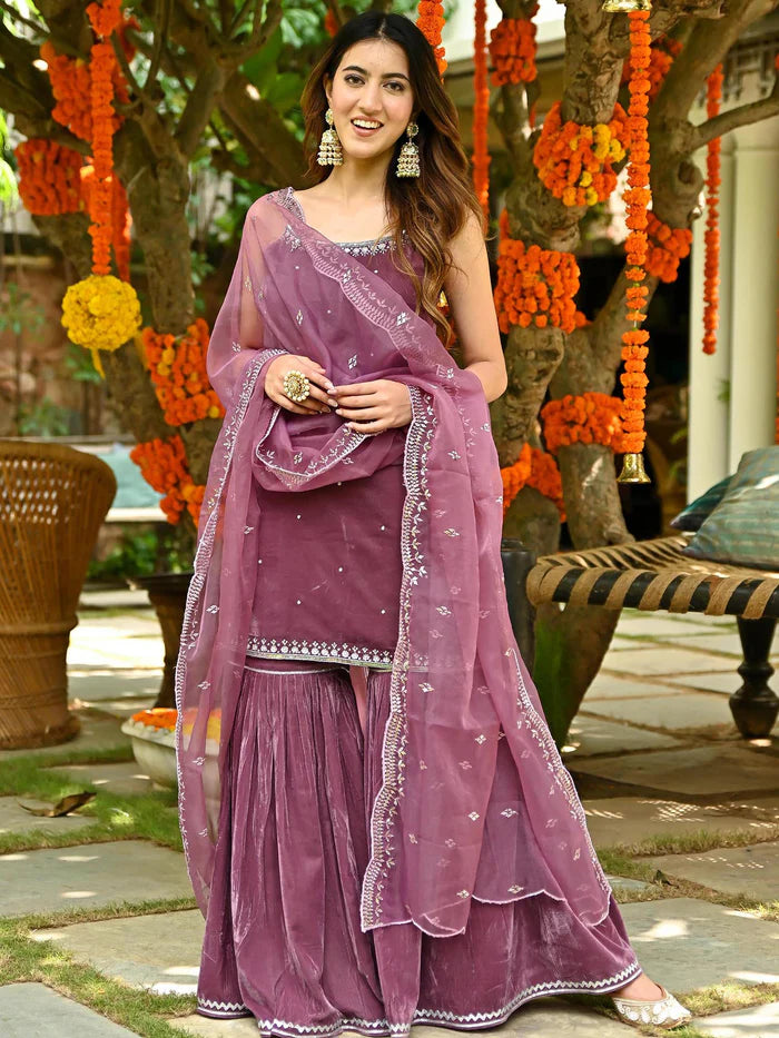 Mauve Velvet Sharara Set 1