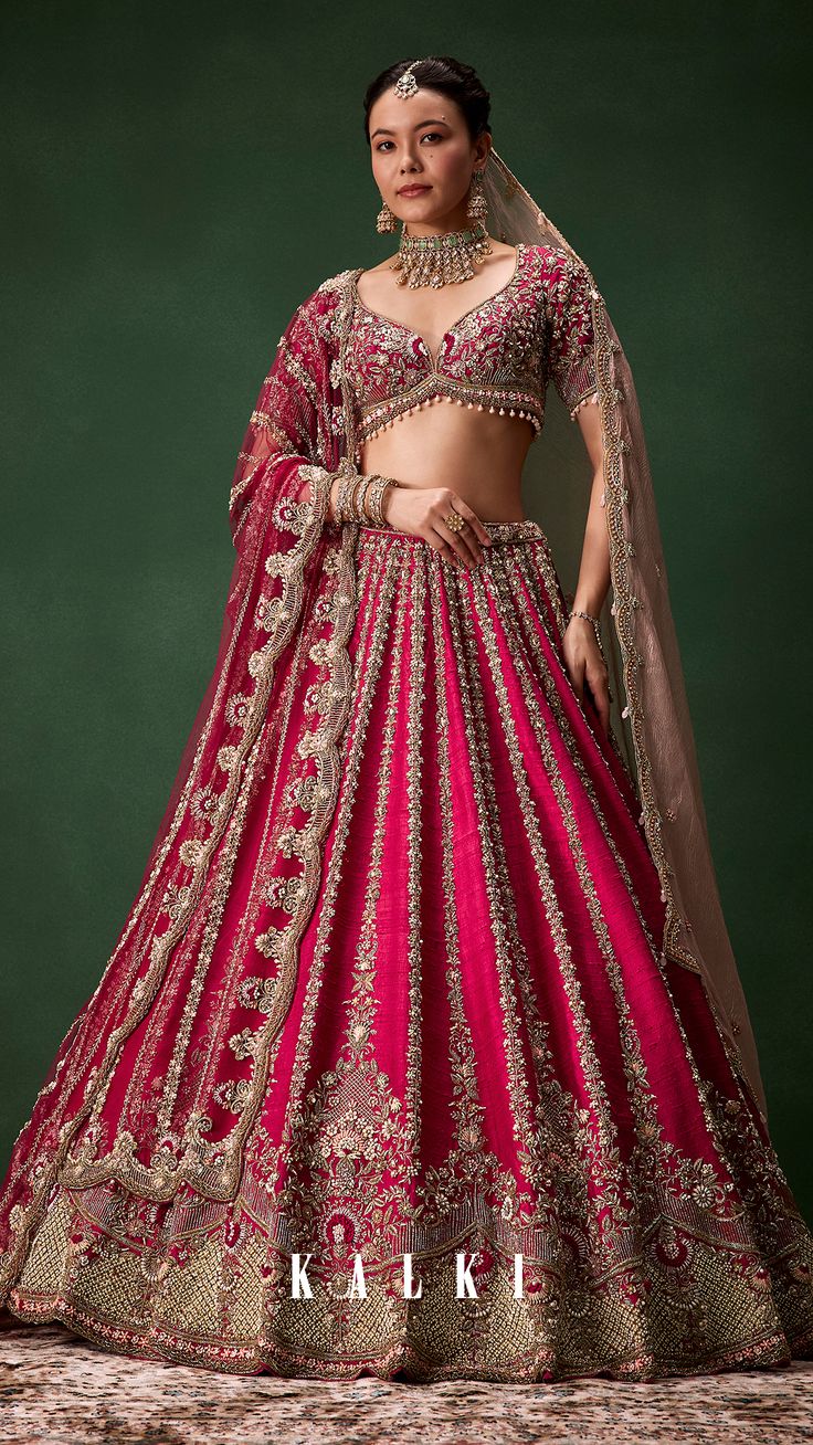 Pink Bridal Raw Silk Zardozi Lehenga Set with Two Dupattas 1