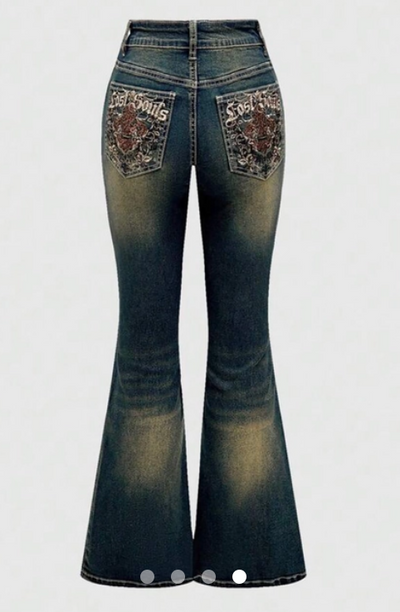 [ High Stretch ] Embroidered Flare Leg Jeans