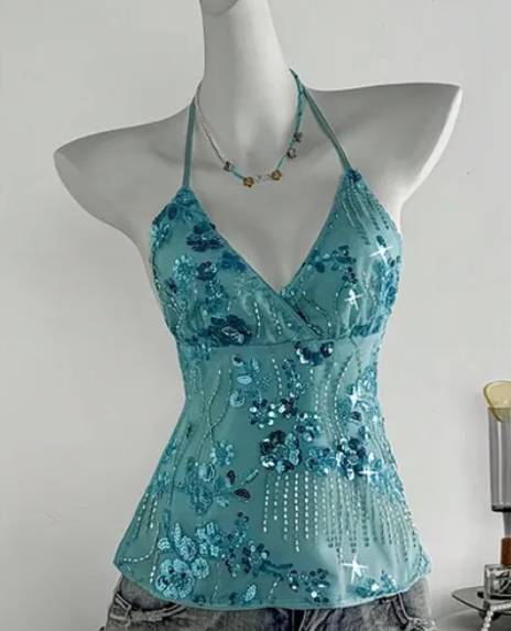 Sequin Embellished Backless Halter Top 1