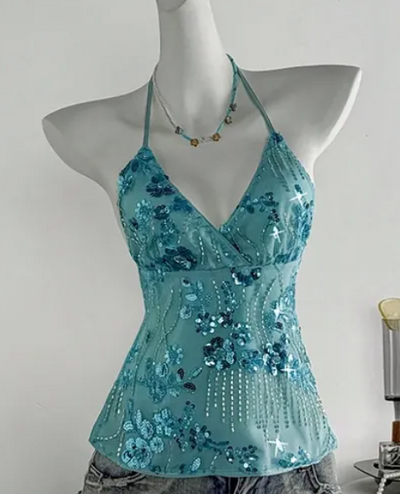 Sequin Embellished Backless Halter Top