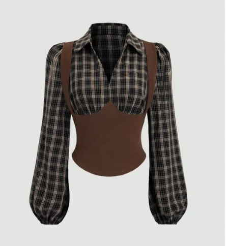 Layered-Look Plaid Puff Sleeve Pullover Blouse 1