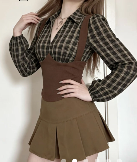 Layered-Look Plaid Puff Sleeve Pullover Blouse 2