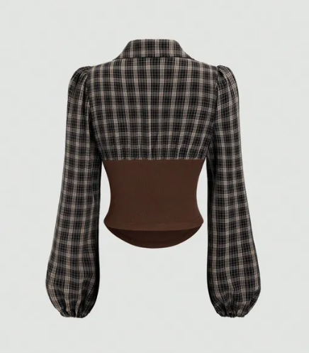 Layered-Look Plaid Puff Sleeve Pullover Blouse 3