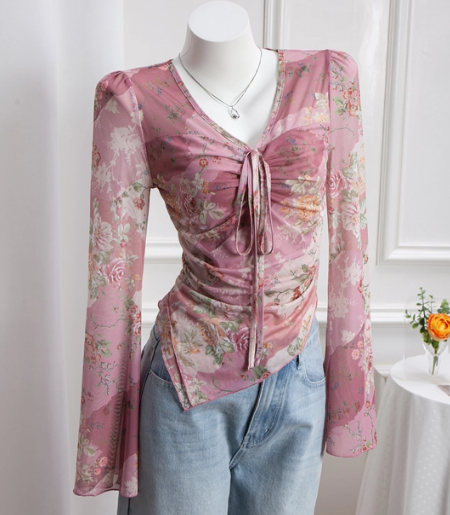 Floral Print Ruched Tie-Up Top 2