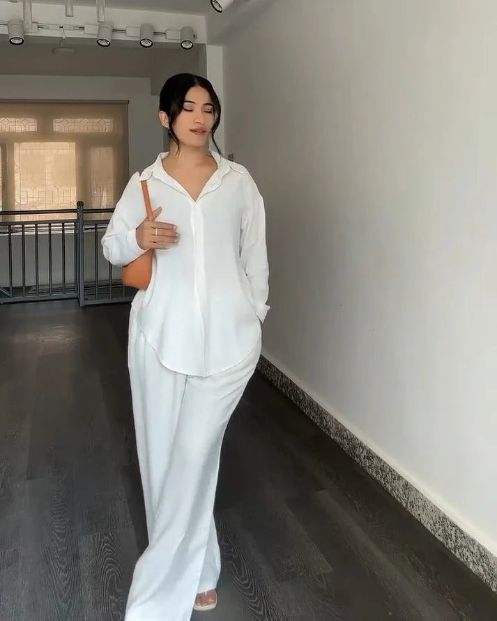 Solid Button-Down Shirt & Relaxed Pants Co-ord Set for Women 1
