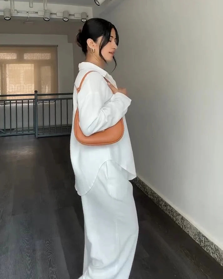 Solid Button-Down Shirt & Relaxed Pants Co-ord Set for Women 2